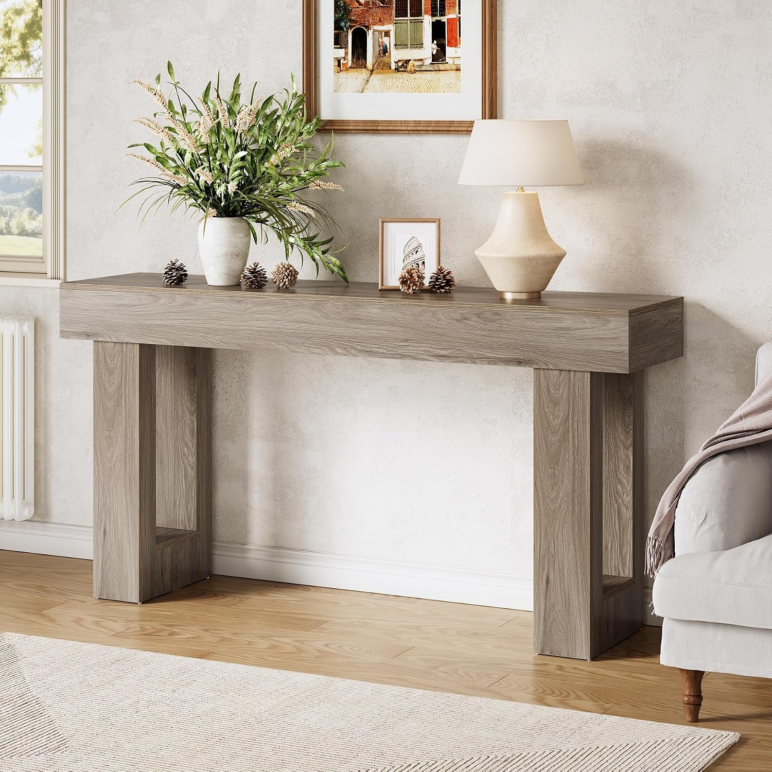 LITTLE TREE 63-Inch Long Console Tables for Entryway, Large Sofa Table Behind Couch, Grey Wooden Entry Foyer Hallway Table, Industrial Console Sofa Tables for Living Room