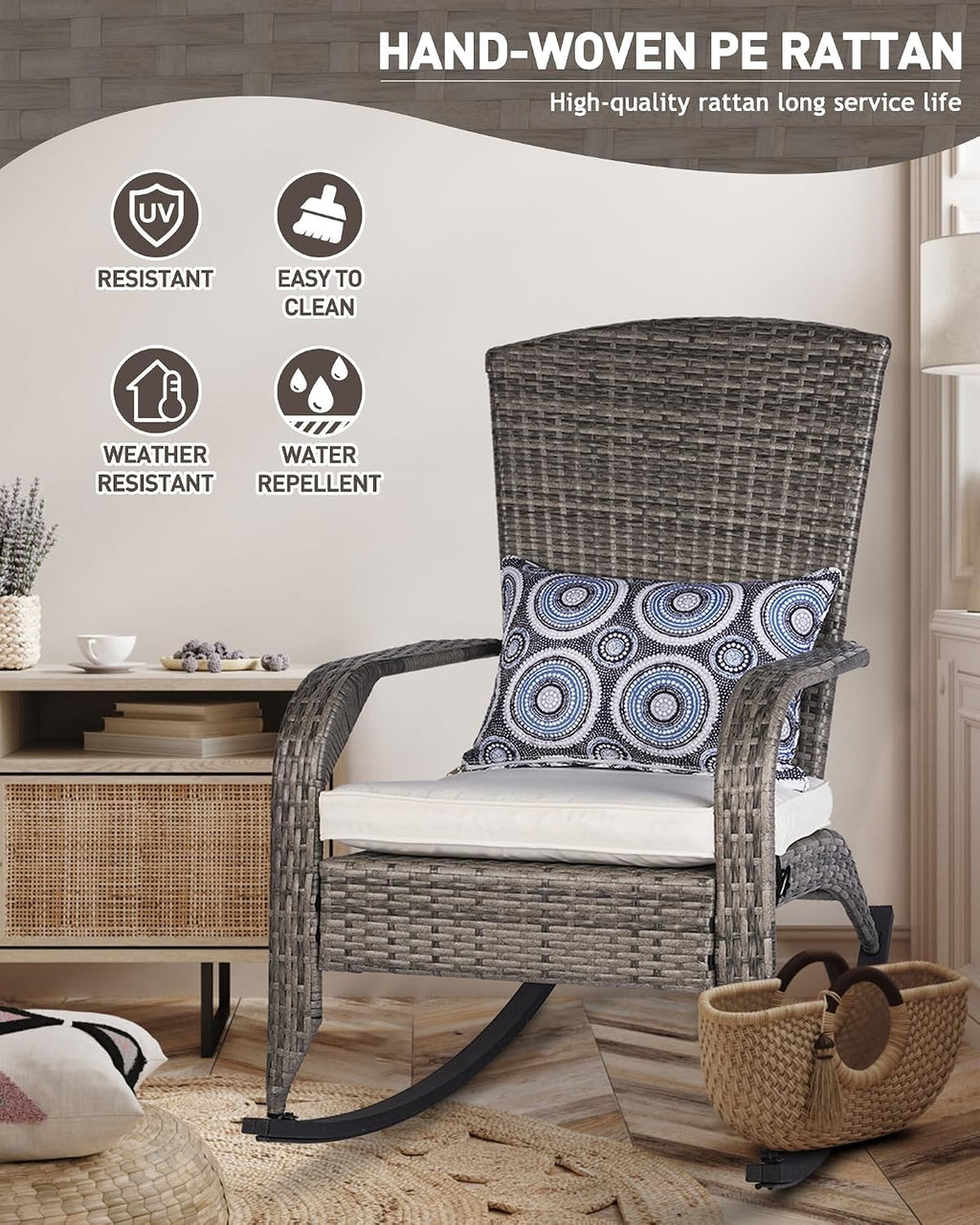 Outdoor Rocking Chairs Set of 2, Patio Rattan Rocker Chairs with Cushions & Steel Frame, All Weather Porch Rocking Chairs for Garden, Backyard, Poolside (Grey Rattan & Beige Cushion, 320lbs)