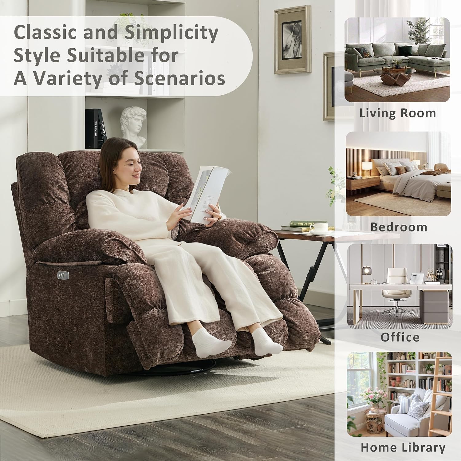 Oversized Recliner Chair, Overstuffed Swivel Rocker with Extra Wide Seat & Breathable Fabric for Living Room (Power, Brown)