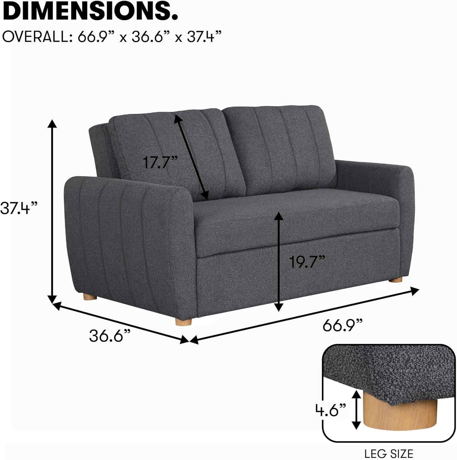 Serta Galway 66.5' Convertible Sleeper Loveseat, Full Size, Dreamcoil Comfort, FingerGuard Pinch Point Protection, Boucle Fabric, Charcoal