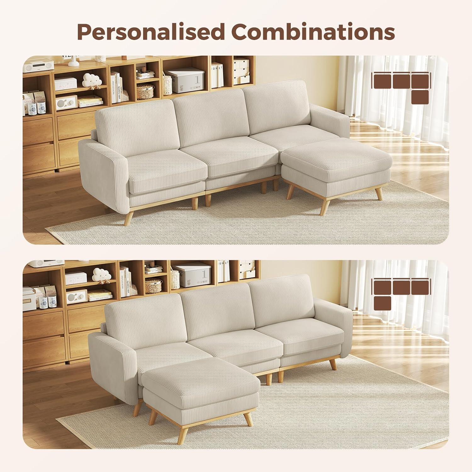 Vesgantti 97' Modular Sectional Sofa Light Gray, L-Shaped Couch with Movable Ottoman, Comfy Corduroy Couch with Spring Cushion, Modular Sofa with Deep Seat for Living Room, Bedroom and Apartment