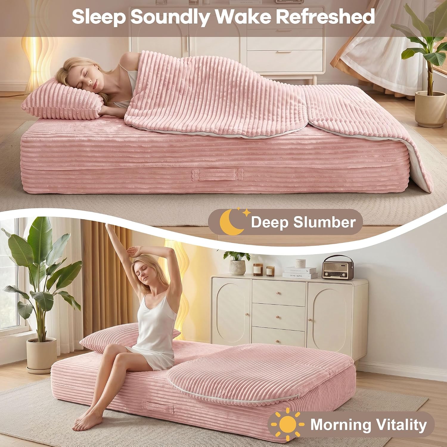75'' Folding Sleeper Sofa Bed, Convertible Memory Foam Boneless Couch, Foldable Full Size Guest Bed, Modern 2-in-1 Futon Floor Sleeper Sofa with 4 Pillows and Blanket (Corduroy, Pink)