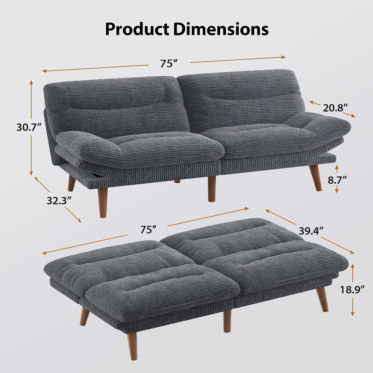 Amada 75' Convertible Futon Sofa Bed, Corduroy Folding Futon Set with Adjustable Backrest &Armrests, Recliner Lounge for Living Room, Apartment or Office, Solid Wood Frame, Loveseat Sofa -Dark Grey