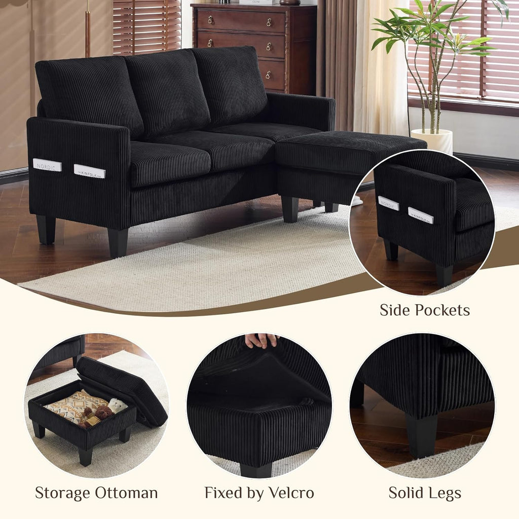 Karl home Small Sectional Couch L Shaped Sofa with Movable Storage Ottoman Corduroy Upholostered Sofa Chaise with Side Pockets for Living Room, Apartment, Studio, Black