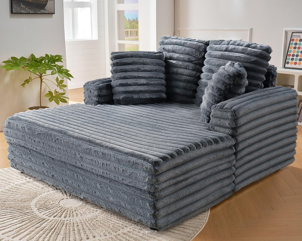 VanAcc 58 Inch Chaise Lounge Indoor, Plush Sleeper Chair with Throw Pillows, Upholstered Sofa Bed with Armrests, Plush Chair Bed for Living Room(Grey)