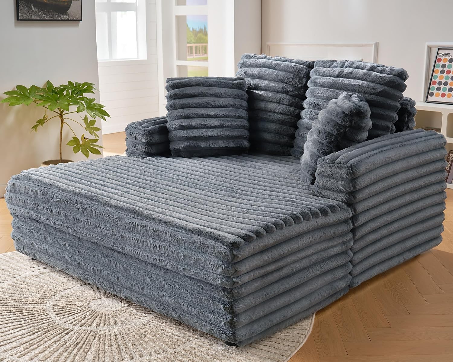 VanAcc 58 Inch Chaise Lounge Indoor, Plush Sleeper Chair with Throw Pillows, Upholstered Sofa Bed with Armrests, Plush Chair Bed for Living Room(Grey)