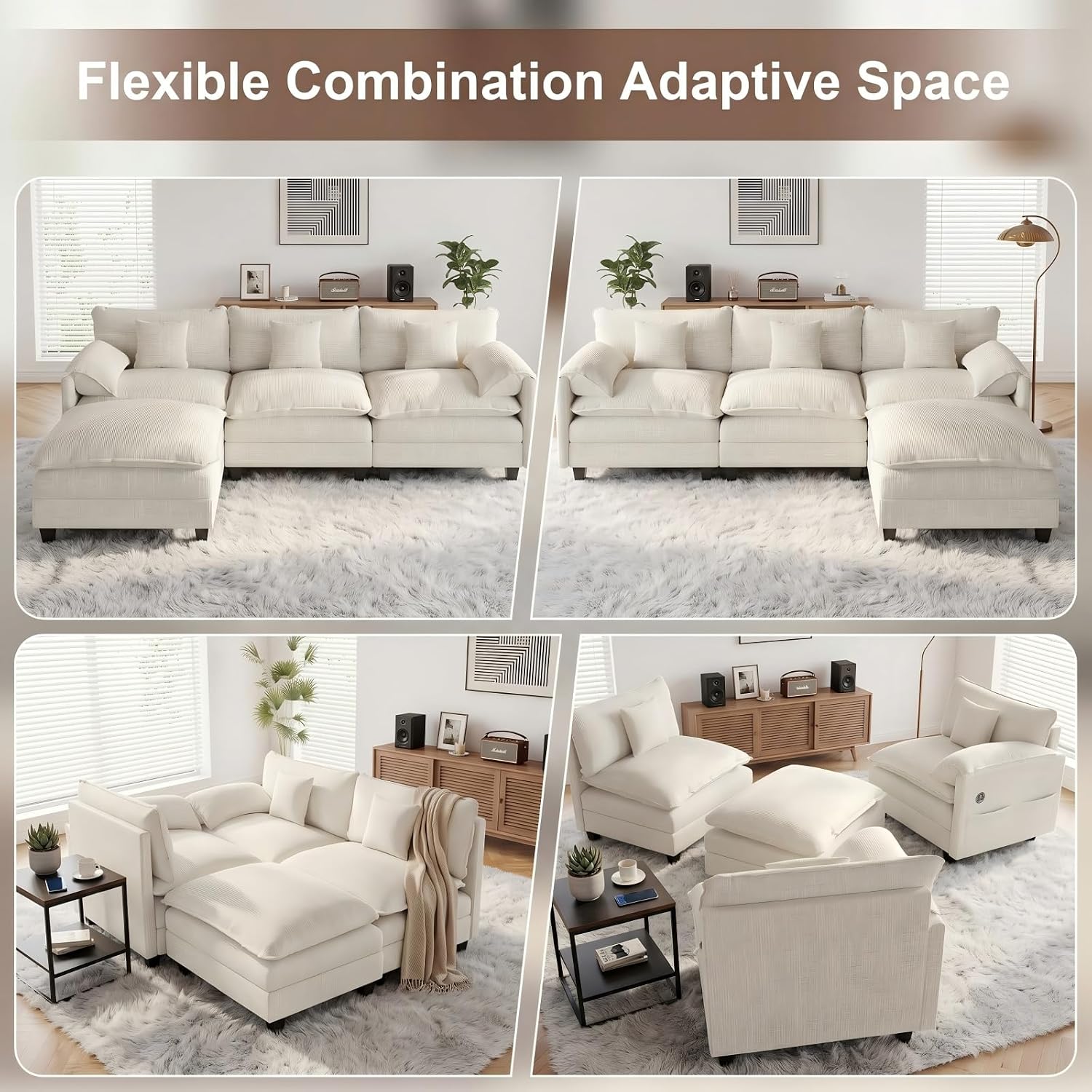 KCGKCG Modular Sectional Sofa, 108' Comfy Cloud Couch with Movable Ottoman | Charging Station | Side Pocket | Throw Pillow, Modern L-Shaped Couches for Living Room, Chenille, Cloud White