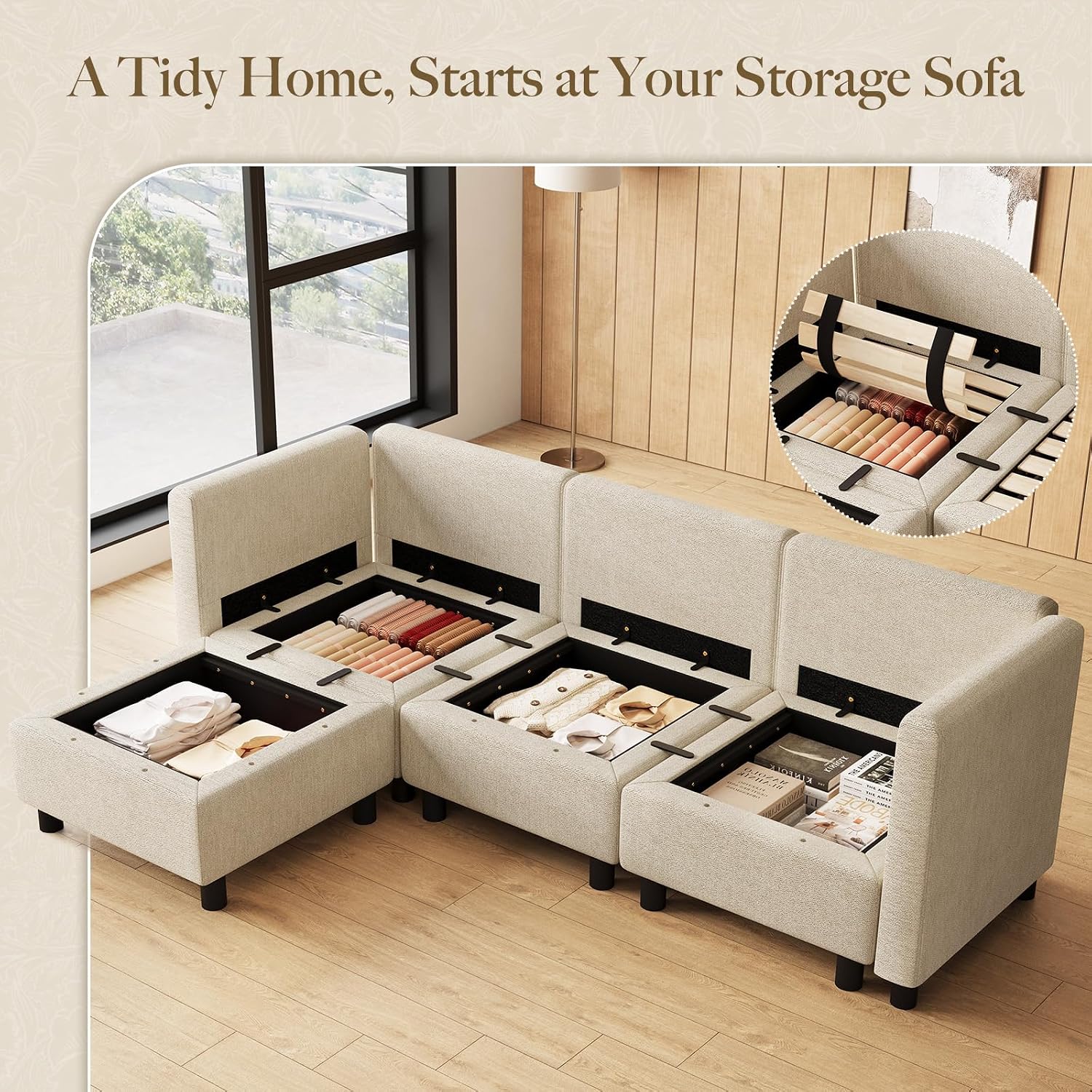 Belffin 84.3' 4 Seats L Shaped Couch Modular Sectional Sofa Washable Sectional Couches for Living Room Comfy Couches with Storage Seat Couch Sofas with Chaise,Beige