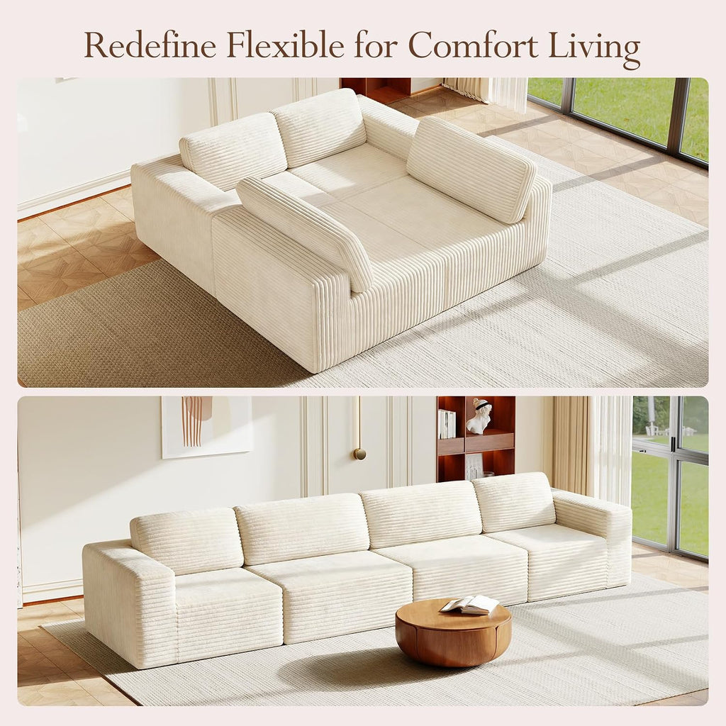 Vesgantti 159' Modular Sectional Sofa, Corduroy Cloud Couch with Extra Deep Seats & Spring Support, Flexible Layout 4-Seater Boneless Couch, No Assembly Required, Beige