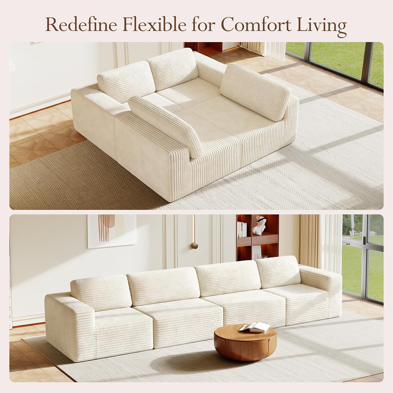 Vesgantti 159' Modular Sectional Sofa, Corduroy Cloud Couch with Extra Deep Seats & Spring Support, Flexible Layout 4-Seater Boneless Couch, No Assembly Required, Beige