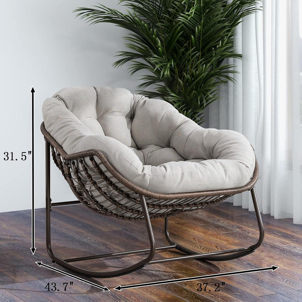 JEEOHEY Papasan Rocking Chairs Outdoor Indoor, Oversized Rattan Rocker Patio Chair with Padded Cushion, Comfy Modern Indoor Egg Chair for Living Room, Bedroom, Porch, Garden, Balcony(Velvet, Beige)