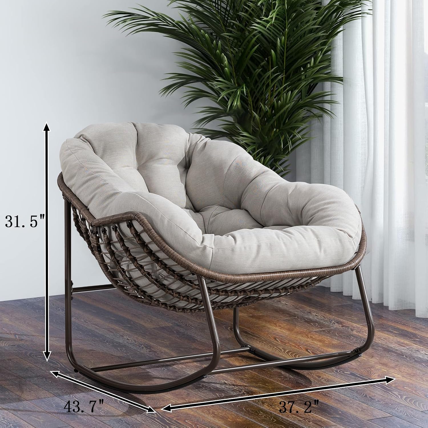 JEEOHEY Papasan Rocking Chairs Outdoor Indoor, Oversized Rattan Rocker Patio Chair with Padded Cushion, Comfy Modern Indoor Egg Chair for Living Room, Bedroom, Porch, Garden, Balcony(Velvet, Beige)