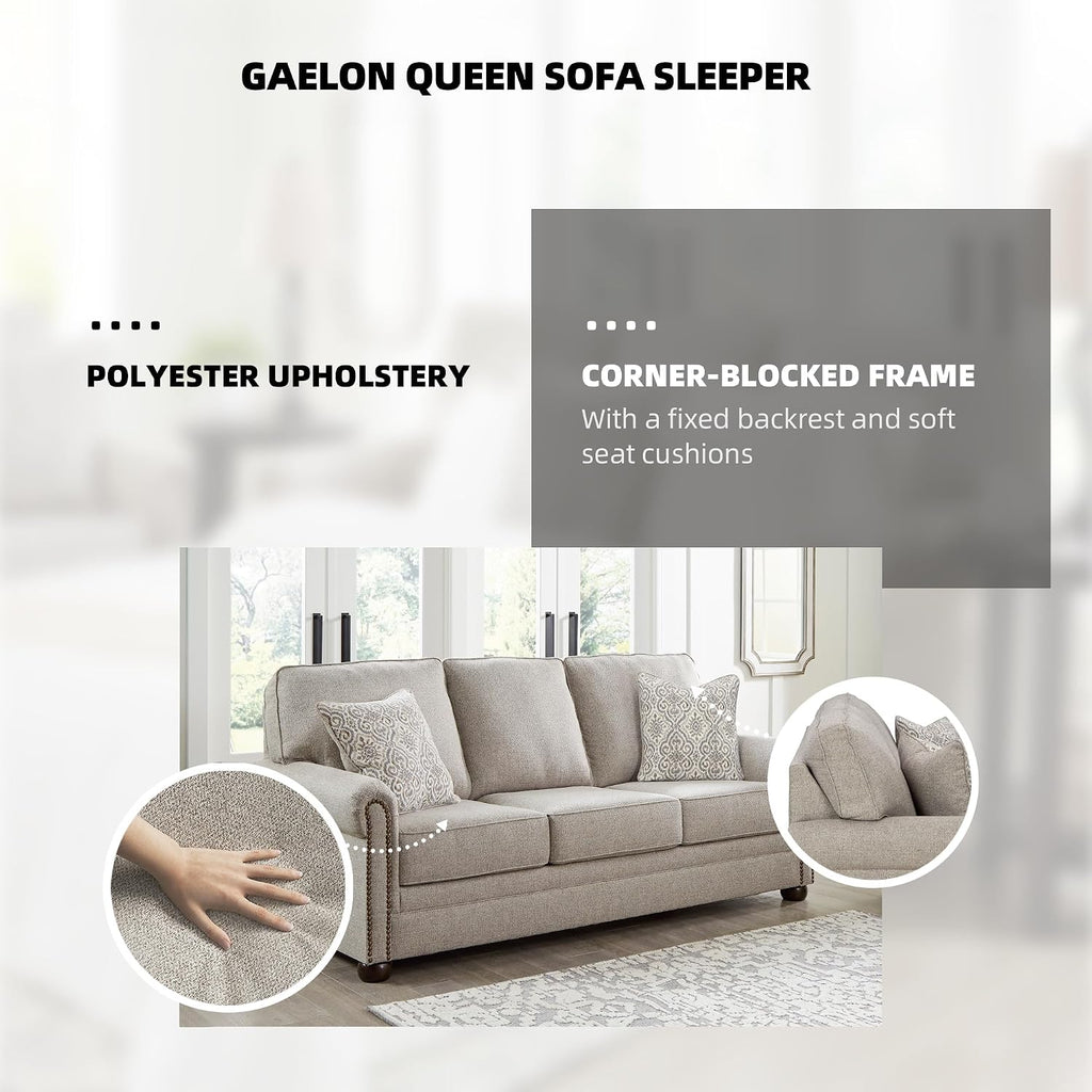 Signature Design by Ashley Gaelon Transitional 2-in-1 Sofa Sleeper with Folding Gel Memory Foam Mattress, Nailheads and 2 Accent Pillows, Queen, Beige