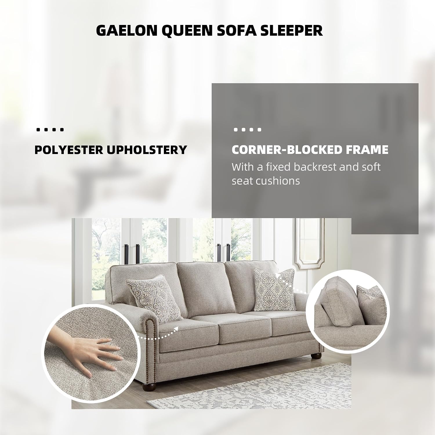 Signature Design by Ashley Gaelon Transitional 2-in-1 Sofa Sleeper with Folding Gel Memory Foam Mattress, Nailheads and 2 Accent Pillows, Queen, Beige