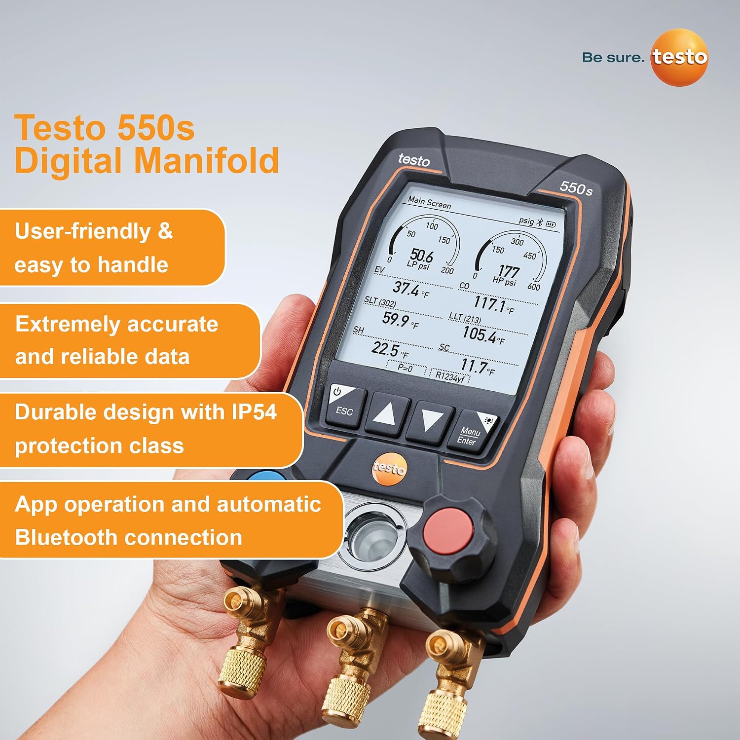 testo 550s AC Manifold Gauge Set – Manifold Gauges Hvac and Refrigeration – Incl. 2x testo 115i Pipe Clamp Thermometer, 1x testo 552i Micron Gauge Hvac - AC Recharge Kit with Bluetooth