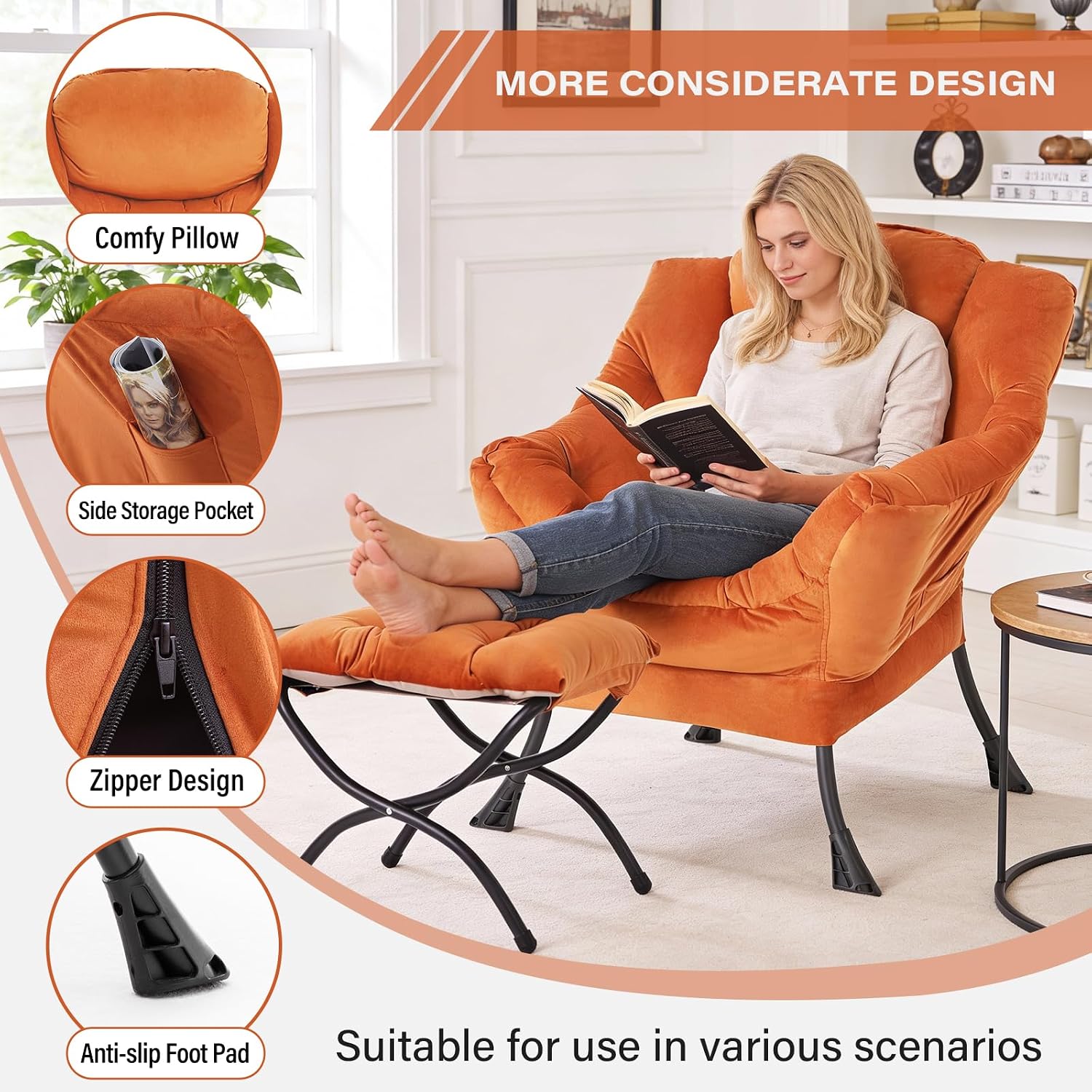 MBOOYOME Lazy Chair with Folding Ottoman, Modern Accent Armchair with Armrests, Side Pocket & Foldable Footstool, Reading Chair for Living Room, Bedroom, Dorm & Office, Velvet Orange