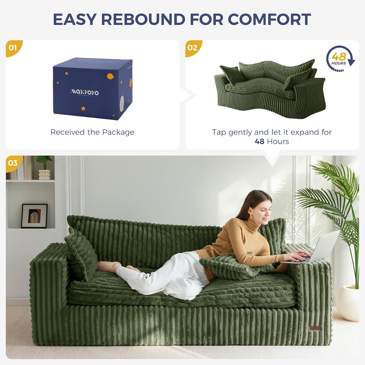 MAXYOYO 76' Sofa Couch, Loveseat Boneless Couch in a Box, Upholstered Small Mini Sofa with Deep Seating for Living Room Bedroom Office Apartment, No Assembly, Green