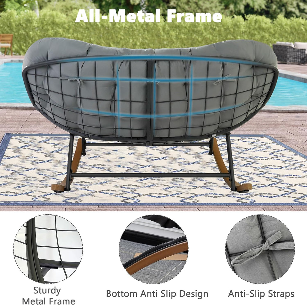 Oversized Double Papasan Rocking Chair Outdoor Indoor for 2, 660 lbs Heavy Duty Patio Rocking Chair with Thick Cushion, Comfy Egg Loveseat Recliner for Balcony Backyard Garden, Grey