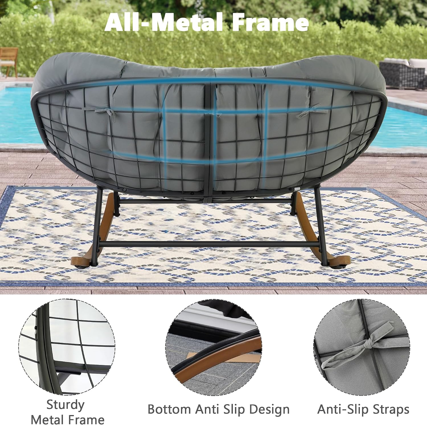 Oversized Double Papasan Rocking Chair Outdoor Indoor for 2, 660 lbs Heavy Duty Patio Rocking Chair with Thick Cushion, Comfy Egg Loveseat Recliner for Balcony Backyard Garden, Grey