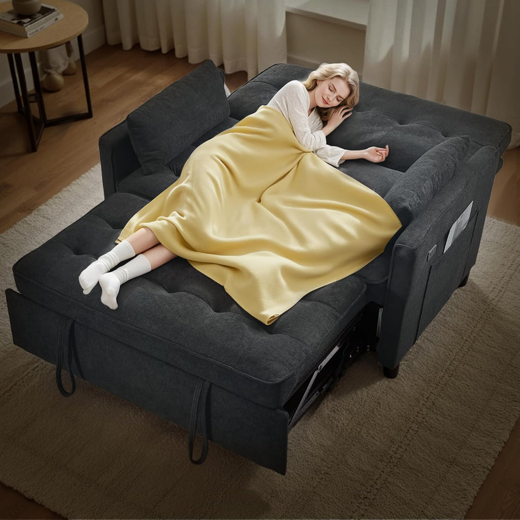 Convertible Sofa Bed, 3 in 1 Pull Out Couch, Loveseat Sleeper with Side Pocket, Living Room Sofa with Adjustable Backrest | USB Charging Port | Two Pillows | Fabric | Slate Gray