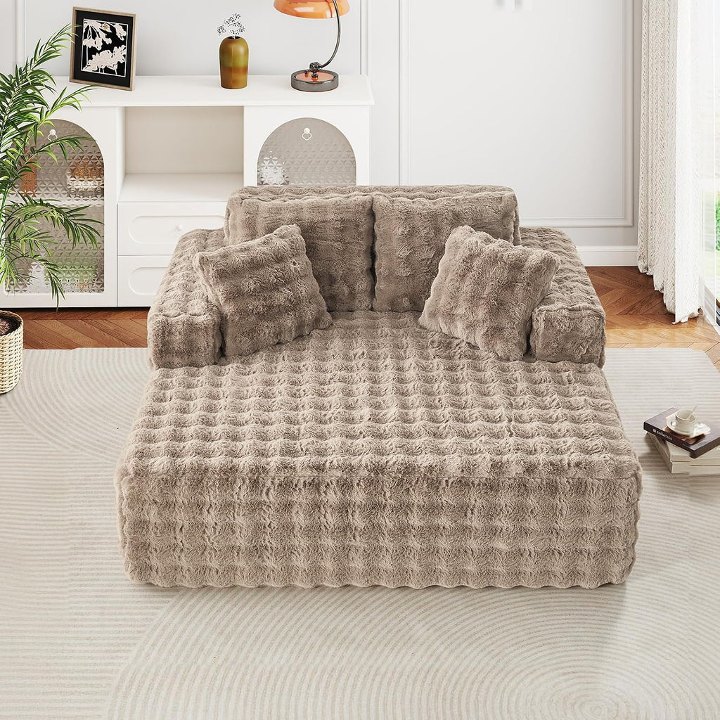 JEEOHEY 56' W Oversized Chaise Lounge Chair Indoor,Plush Faux Fur Sleeper Couch Sofa Bed with Pillows,Fluffy Comfy Cloud Sofa,Compression Foam Boneless Couch for Living Room,Bedroom(Bubble, Brown)