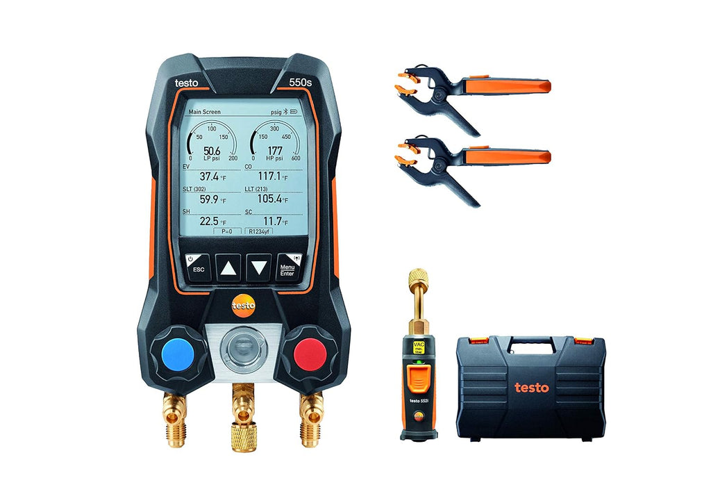 testo 550s AC Manifold Gauge Set – Manifold Gauges Hvac and Refrigeration – Incl. 2x testo 115i Pipe Clamp Thermometer, 1x testo 552i Micron Gauge Hvac - AC Recharge Kit with Bluetooth