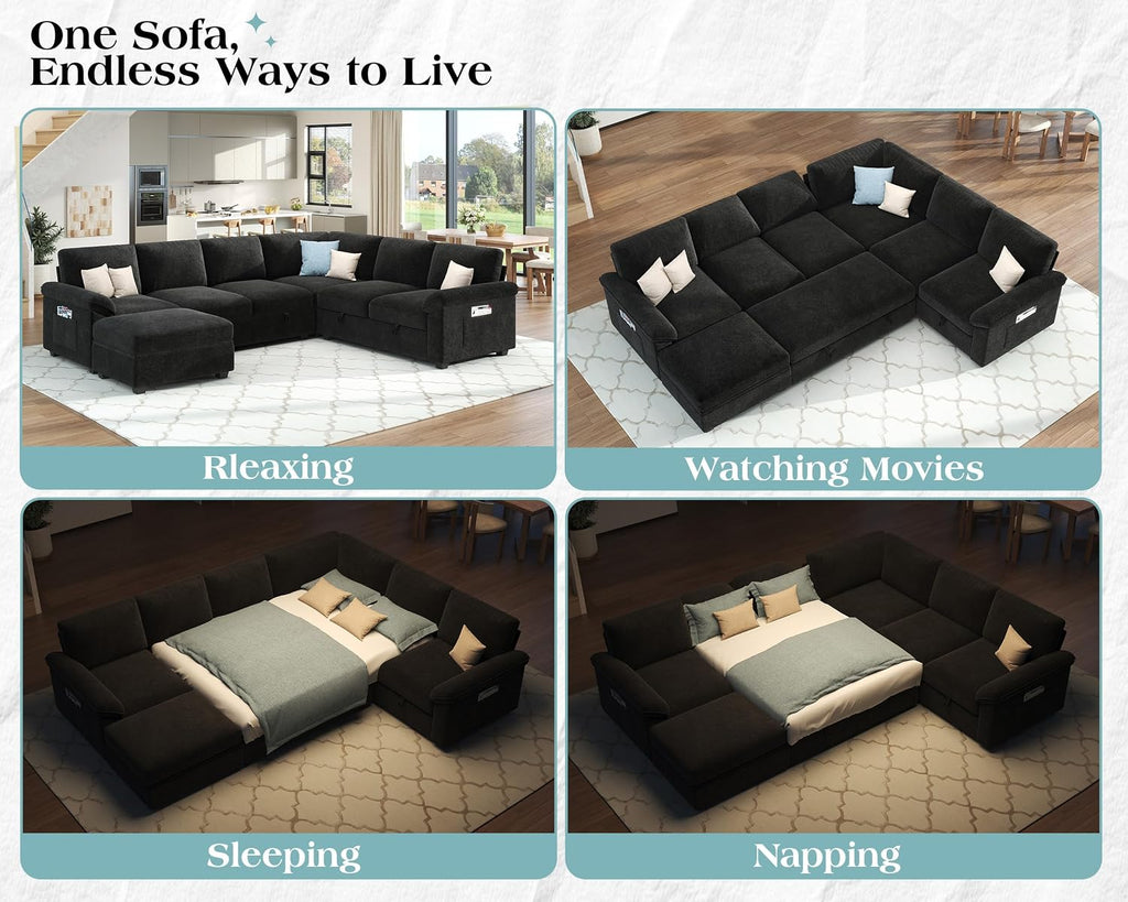 Jocisland 105' Sofa Bed, Sectional Sleeper Sofa with Pull Out Bed/Reclining Backrest, Sleeper Couch Bed with Storage, 6 Seater Couch Bed for Living Room, Chenille Black