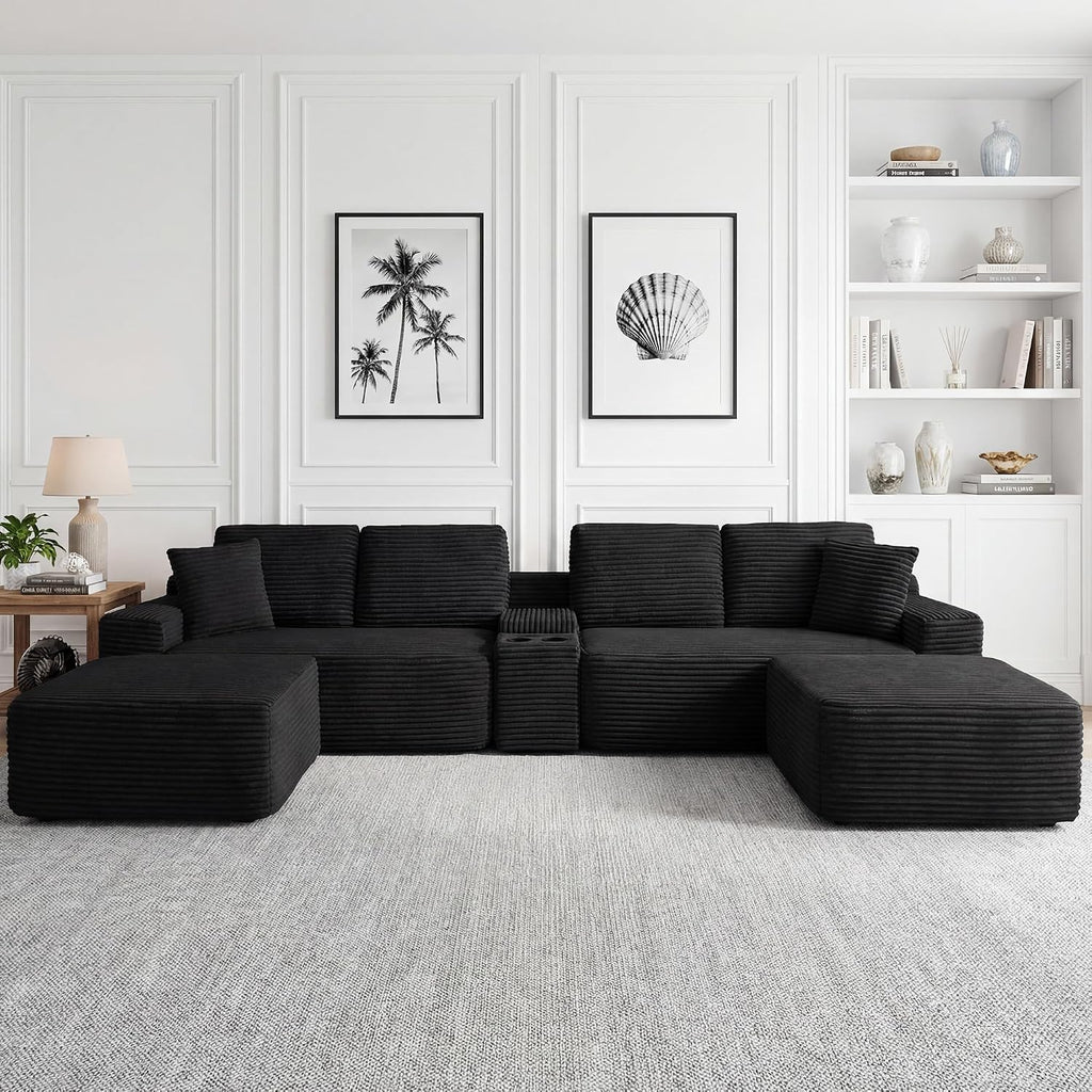 125 Inch Modular Sectional Sofa, Modern Oversized Corduroy Cloud Couch with 2 Ottomans, Cup Holders and USB Ports, U Shape Couch Boneless Couches for Living Room, No Assembly Required, Black