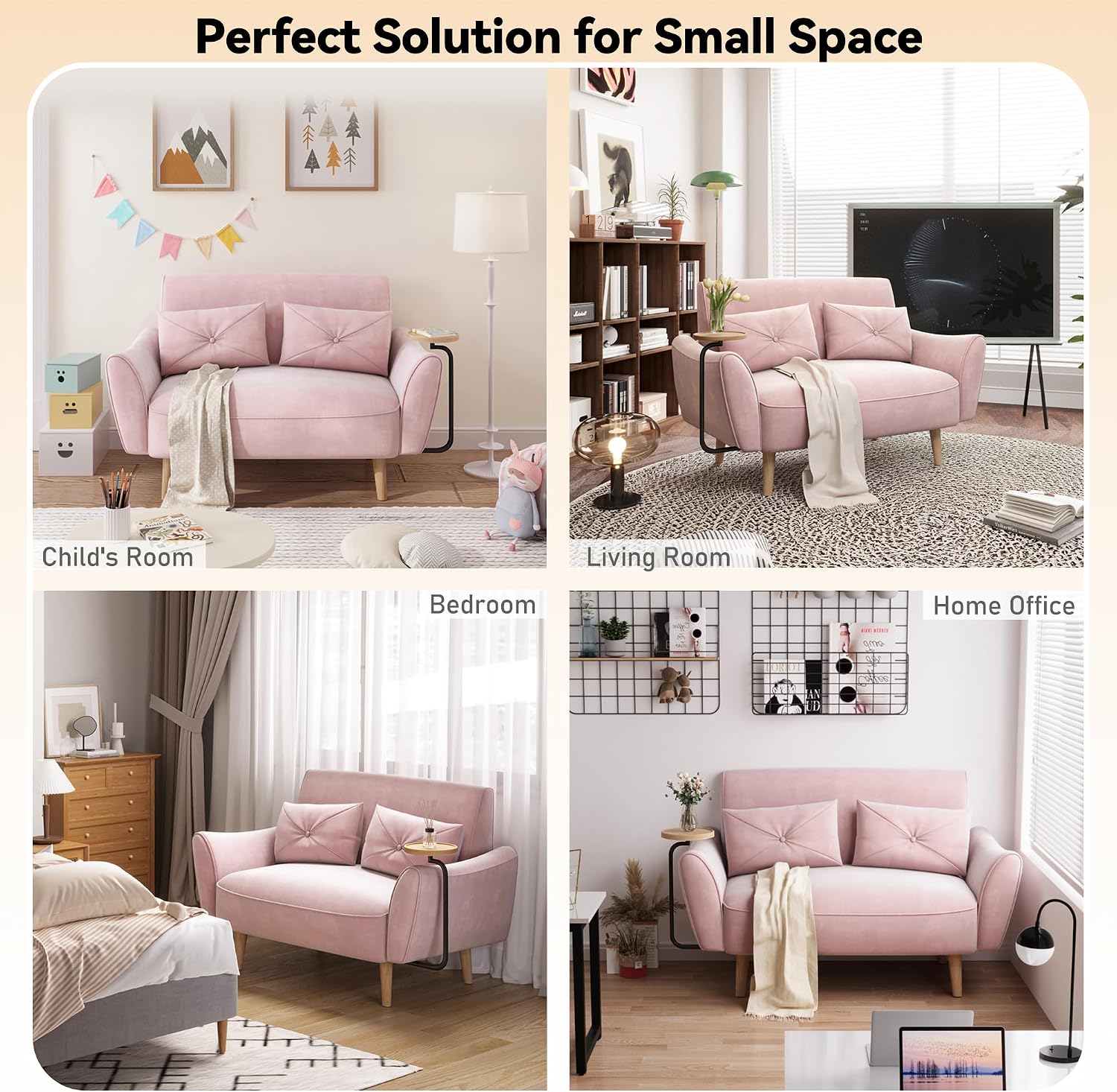 Brelice Loveseat Sofa, 47' Velvet Couch for Bedroom, Convertible Wooden Tray & Ergonomic Armrest, for Small Space, Apartment, Living Room, Home Office, Easy Assembly, Pink