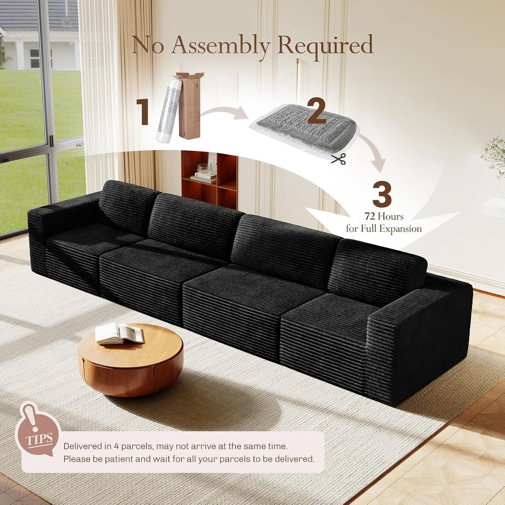 Vesgantti 159' Modular Sectional Sofa, Corduroy Cloud Couch with Extra Deep Seats & Spring Support, Flexible Layout 4-Seater Boneless Couch, No Assembly Required, Black