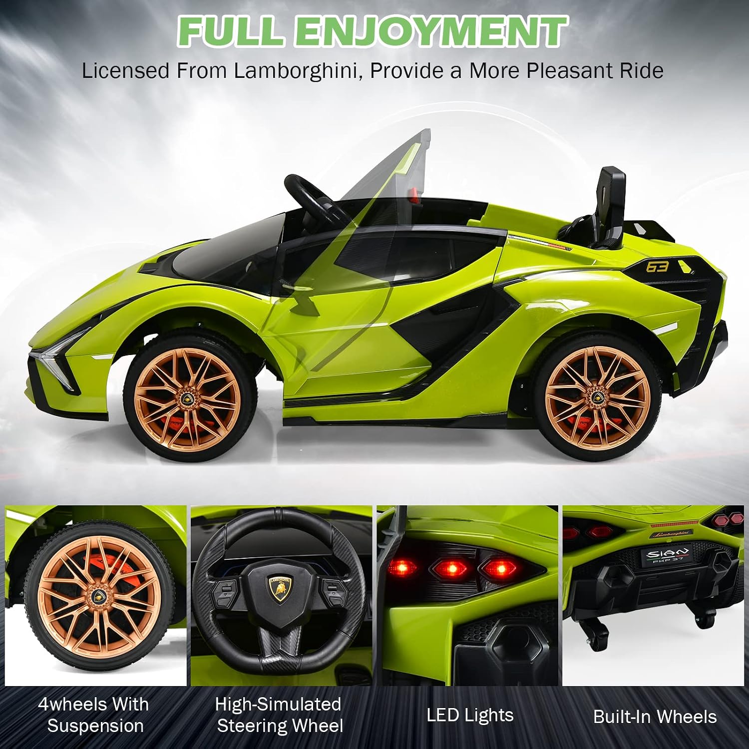 INFANS 12V Licensed Lamborghini Sian Kids Ride On Car with Parent Remote Control, Spring Suspension, MP3 Player, Electric Toy Roadster Carbon Fiber Textured for Toddler (Green)