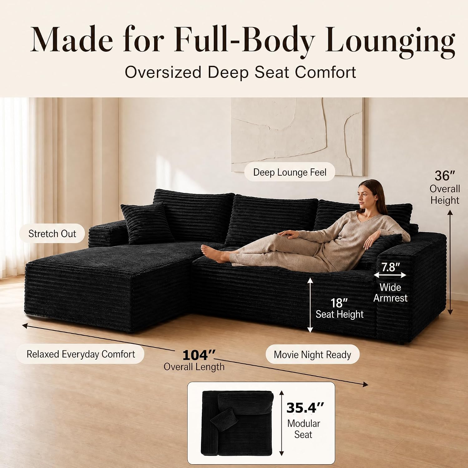 Boneless Modular Sectional Sofa, Cloud Couch with Left Facing Chaise, Oversized Deep Seat, L-Shaped, Soft Corduroy Fabric, Sectional Couch for Living Room -Black