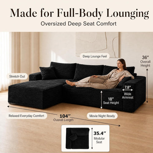 105'' Boneless Modular Sectional Sofa, Cloud Couch with Left Facing Chaise, Oversized Deep Seat, U-Shaped, Soft Corduroy Fabric, Sectional Couch for Living Room -U Black