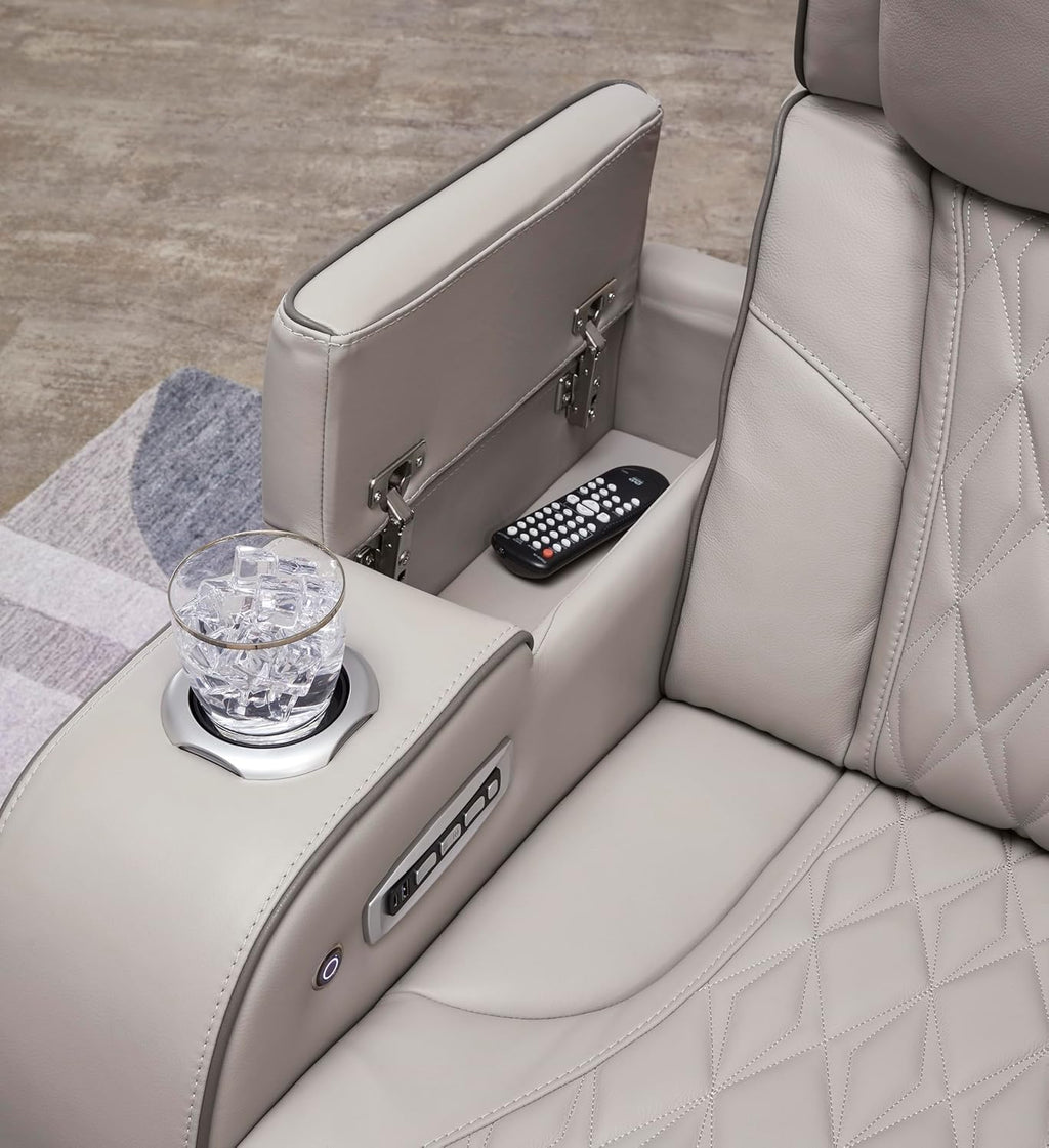 Signature Design by Ashley Boyington Contemporary Leather Match Power Reclining Loveseat with Console and USB Charging Ports, LED Lights and Adjustable Headrest, Light Gray