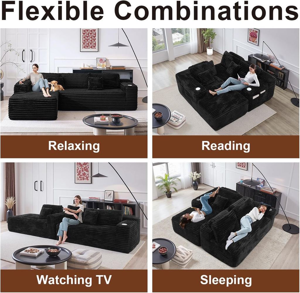 Cloud Sofa Sectional Couch with L-Shape Chaise, Modern Corduroy Boneless Modular Sofa with Cup Holder for Living Room and Apartment, Deep Seat Floor Couch No Assembly (Black, Left Facing Chaise)