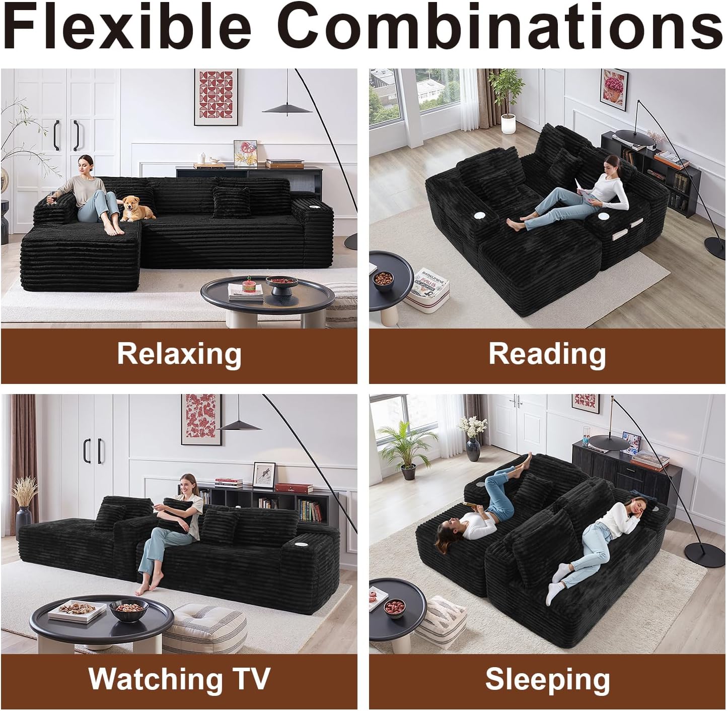 Cloud Sofa Sectional Couch with L-Shape Chaise, Modern Corduroy Boneless Modular Sofa with Cup Holder for Living Room and Apartment, Deep Seat Floor Couch No Assembly (Black, Left Facing Chaise)