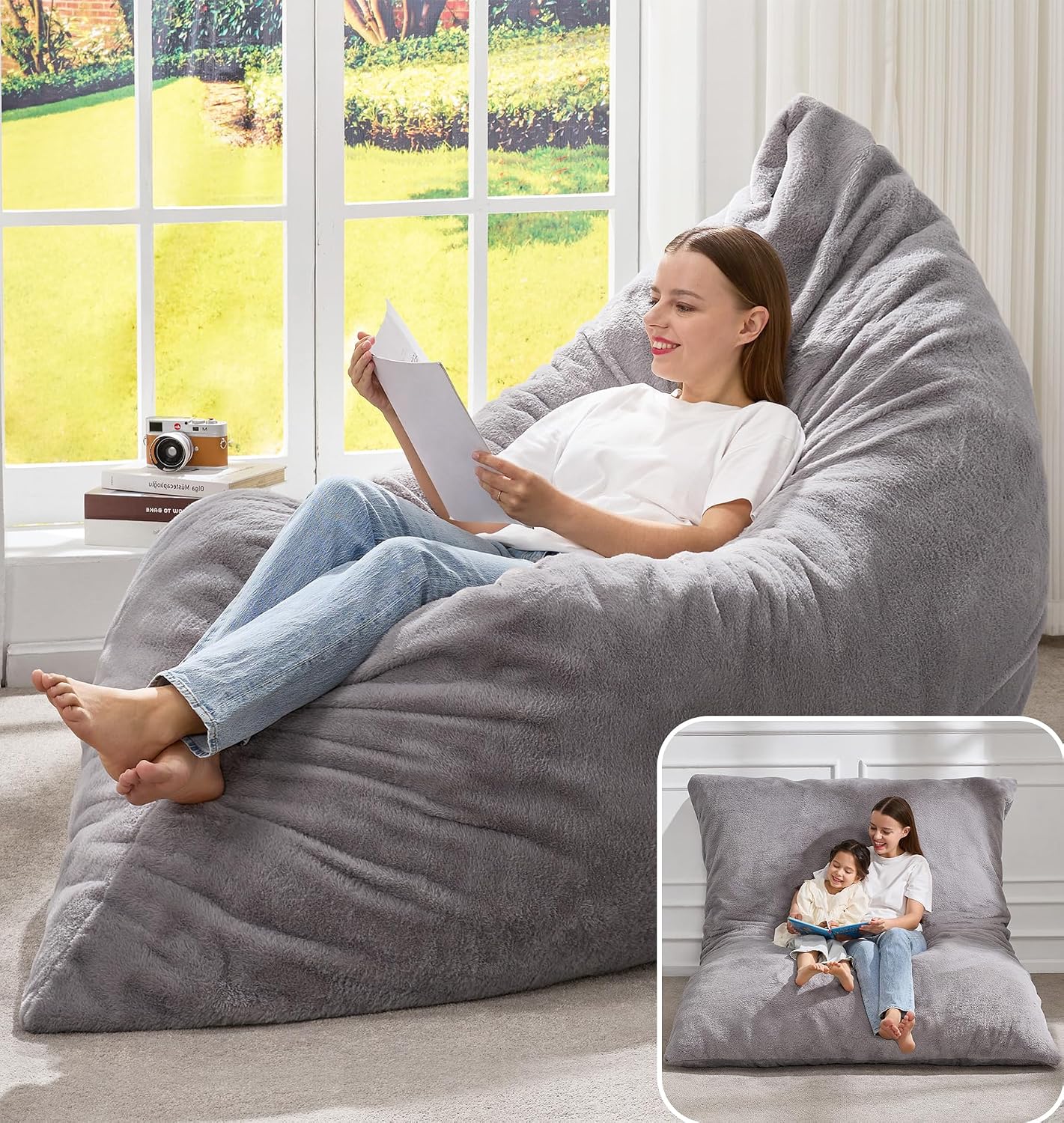 Hobestluk 3 in 1 Bean Bag Chair Giant Bean Bag Chairs for Adults with Chevron Plush Fur Cover Convertible Bean Bag Floor Cushion with Machine Washable Cover for Living Room (Plush Grey)