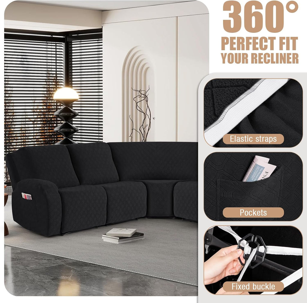 VANSOFY Extra Large Reclining Sectional Couch Covers, Washable 5-Piece Sofa Covers for L Shape Sectional Sofa Corner Seater, Thick, Soft Sofa Slipcovers (5 Seat Recliner Cover，Black)