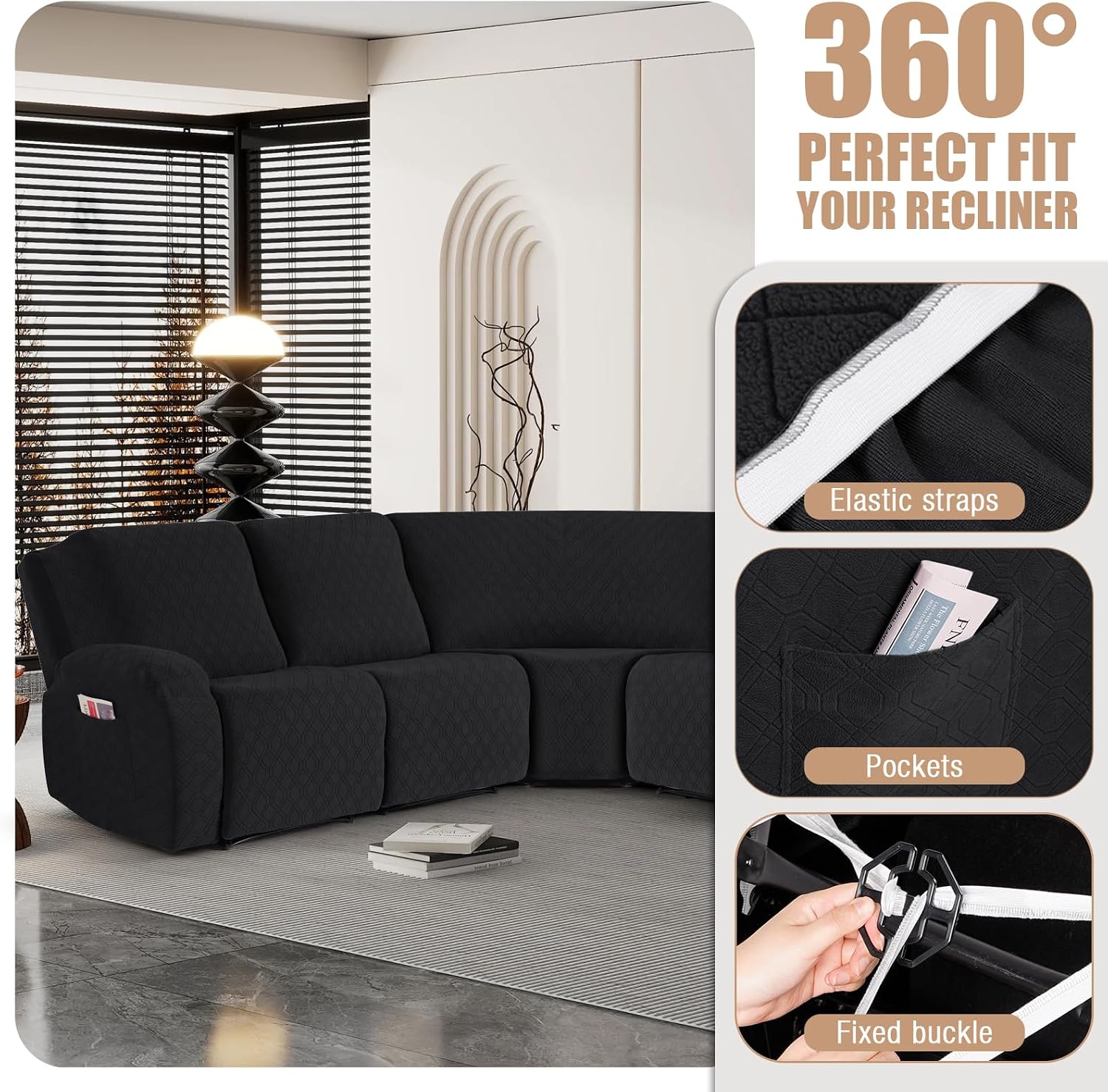 VANSOFY Extra Large Reclining Sectional Couch Covers, Washable 5-Piece Sofa Covers for L Shape Sectional Sofa Corner Seater, Thick, Soft Sofa Slipcovers (5 Seat Recliner Cover，Black)