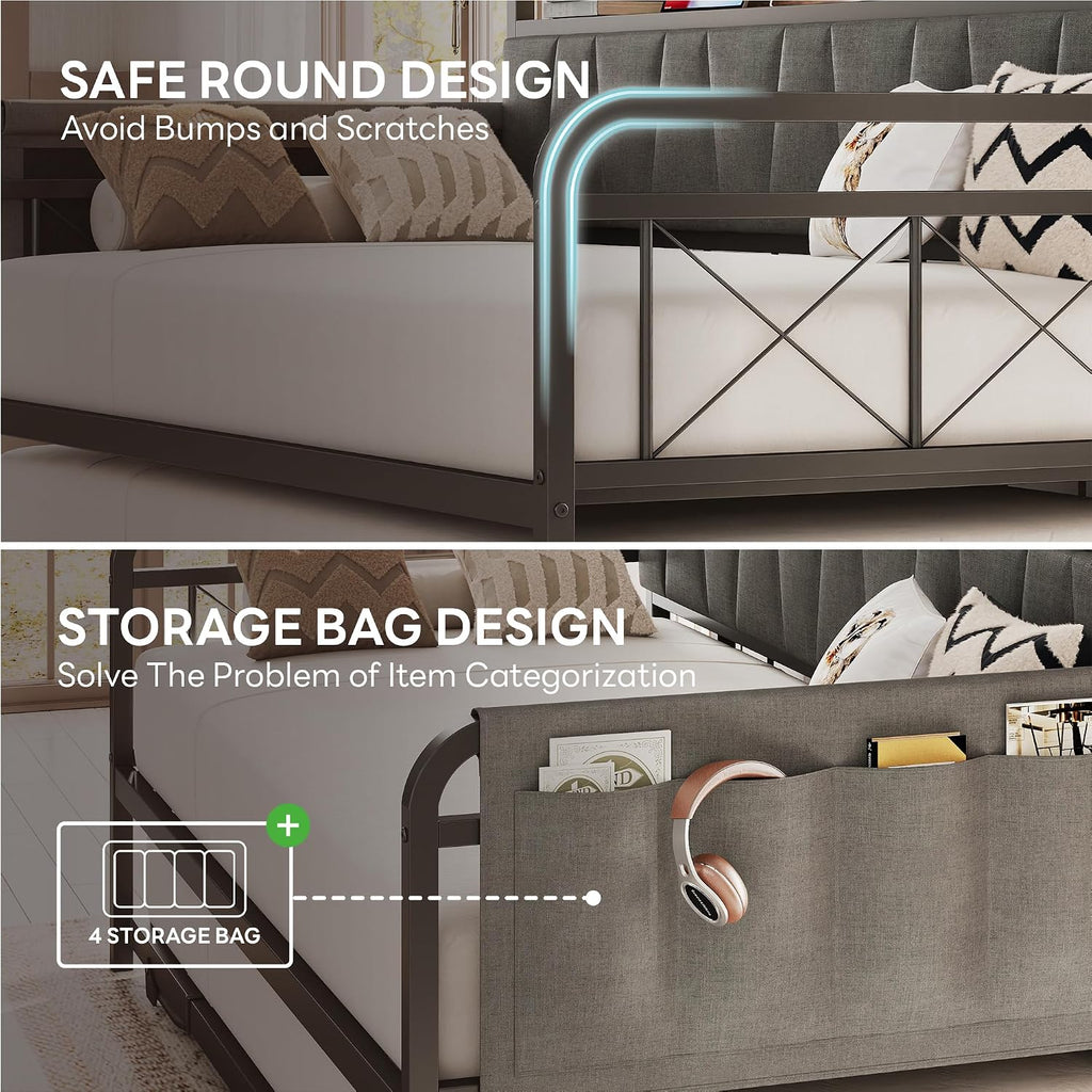 LIKIMIO Twin Daybed, Day Bed with Trundle, Storage Upholstered Headboard and Charging Station, Trundle Bed with Strong Supports for Living Room, Bedroom, and Guest Room, Grey