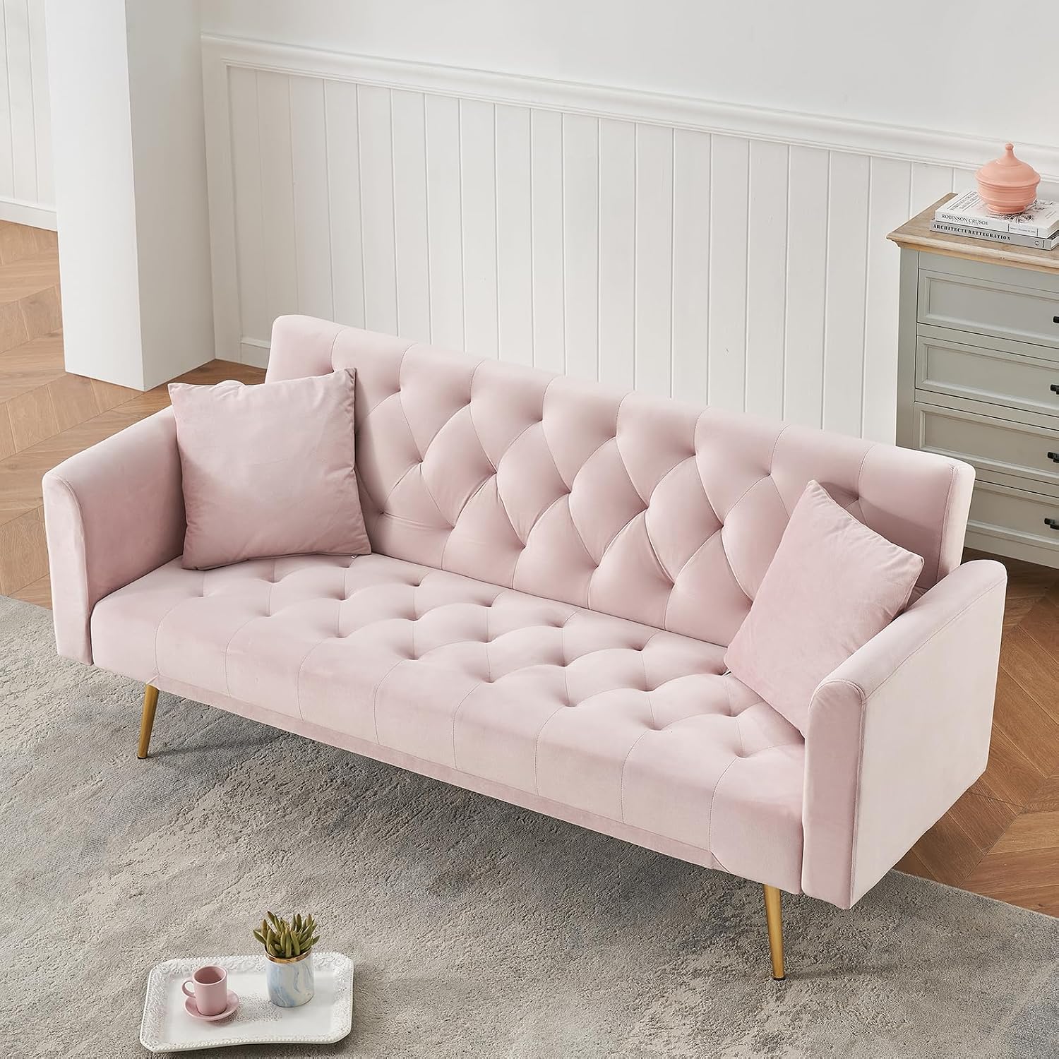 71' Modern Velvet Sofa Bed Futon, Convertible Sleeper Couch with Adjustable Backrest, Tufted Recliner Loveseat with Golden Chrome Legs & 2 Pillows for Small Spaces, Living Room, Apartment (Pink)