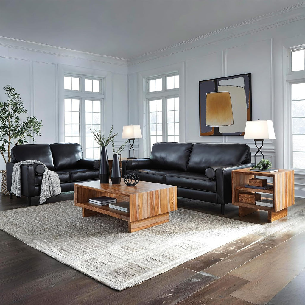 Signature Design by Ashley Bryceview Contemporary Leather Match Tufted Sofa with 2 Bolster Pillows, Black
