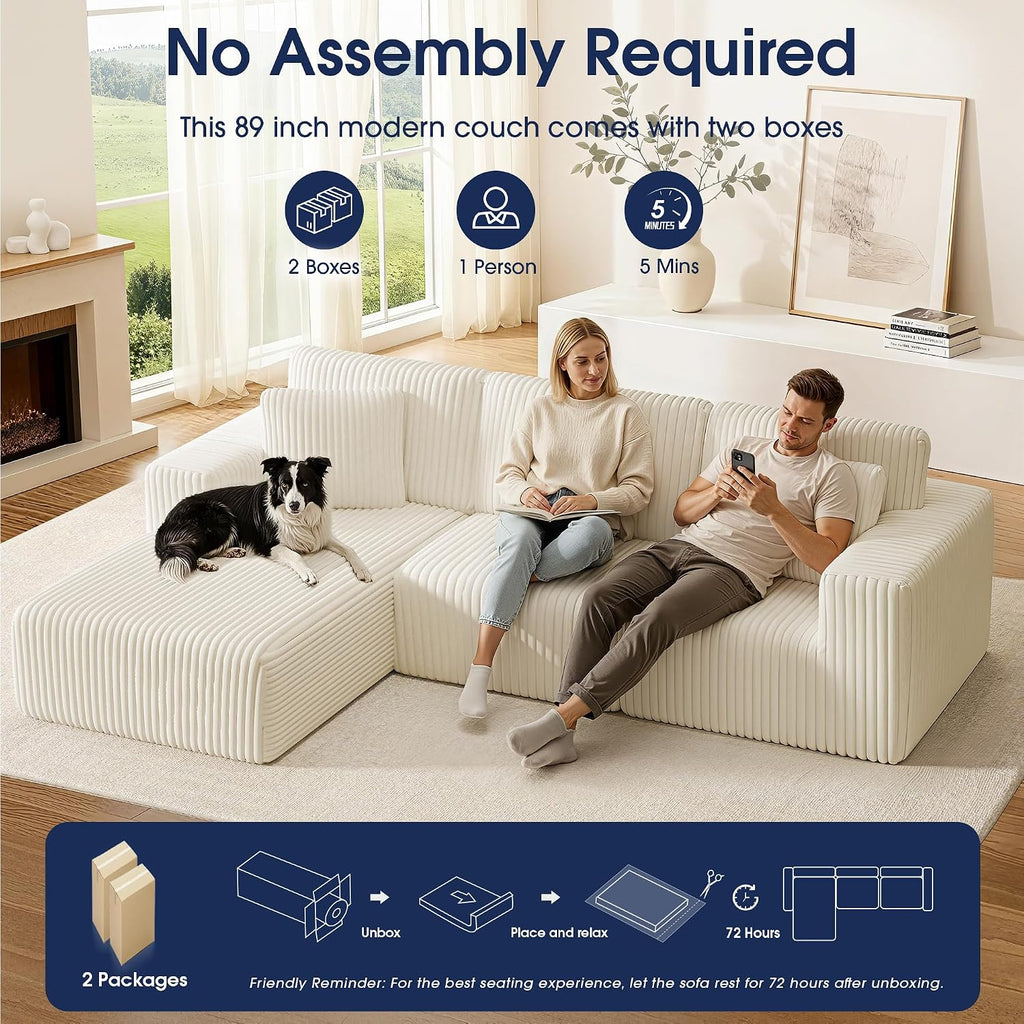 KINGYES 107'' Modular Sectional Sofa, L Shaped Cloud Couch for Living Room, Modern Boneless Sofa with Chaise for Bedroom, Beige