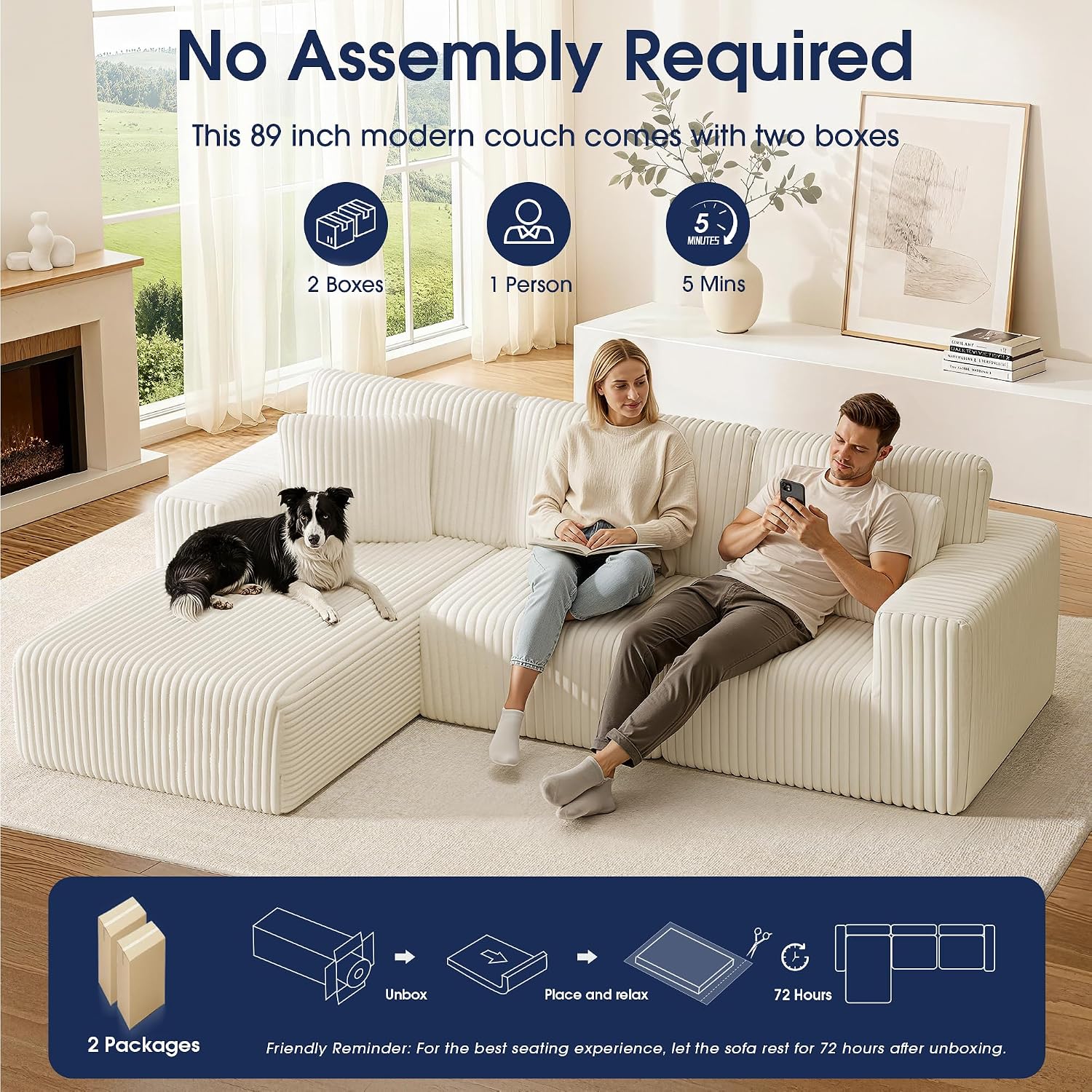 KINGYES 107'' Modular Sectional Sofa, L Shaped Cloud Couch for Living Room, Modern Boneless Sofa with Chaise for Bedroom, Beige