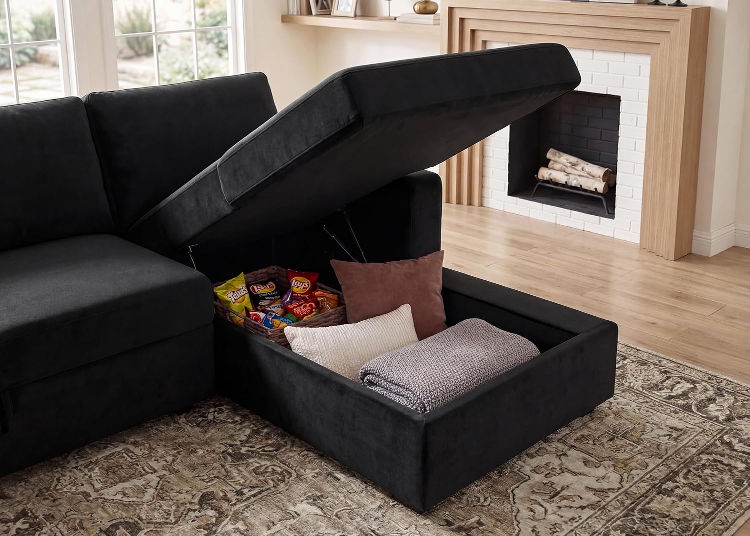 HONBAY Sectional Sleeper Sofa with Pull-Out Bed Storage Chaise, 6 Seater Couch for Living Room, Black