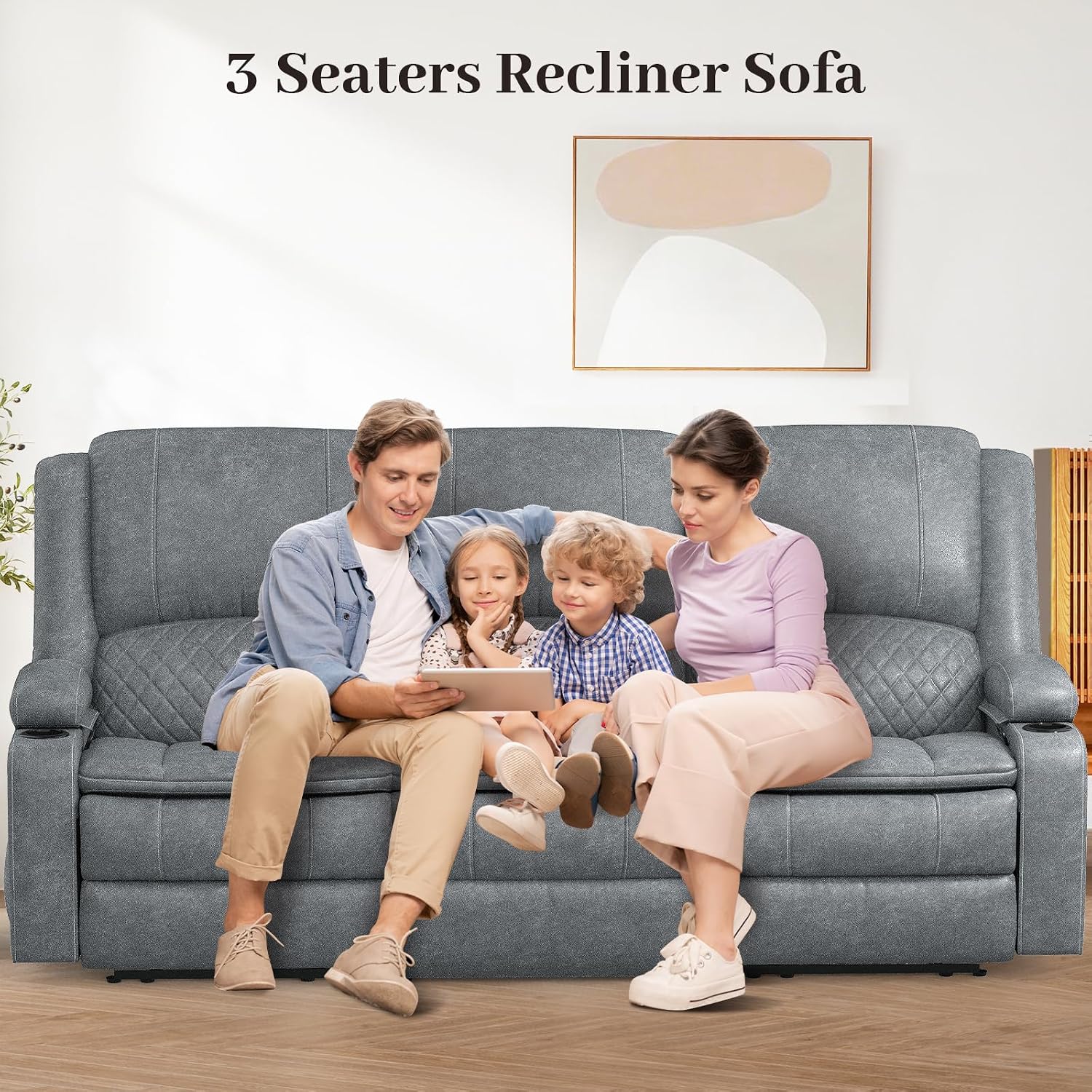 Yolsali 3-Seater Recliner Sofa, Manual Reclining Couch with Multi-Functional Middle Seat, Reclining Sofa for Living Room with Hidden Storage Space, Cup Holders, and Removable Console
