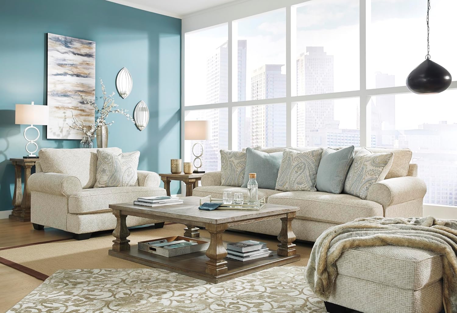 Signature Design by Ashley Monaghan Vintage Sofa with Accent Pillows, Reversible Cushions and Rolled Arms, Beige