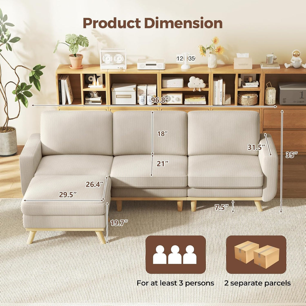 Vesgantti 97' Modular Sectional Sofa Light Gray, L-Shaped Couch with Movable Ottoman, Comfy Corduroy Couch with Spring Cushion, Modular Sofa with Deep Seat for Living Room, Bedroom and Apartment