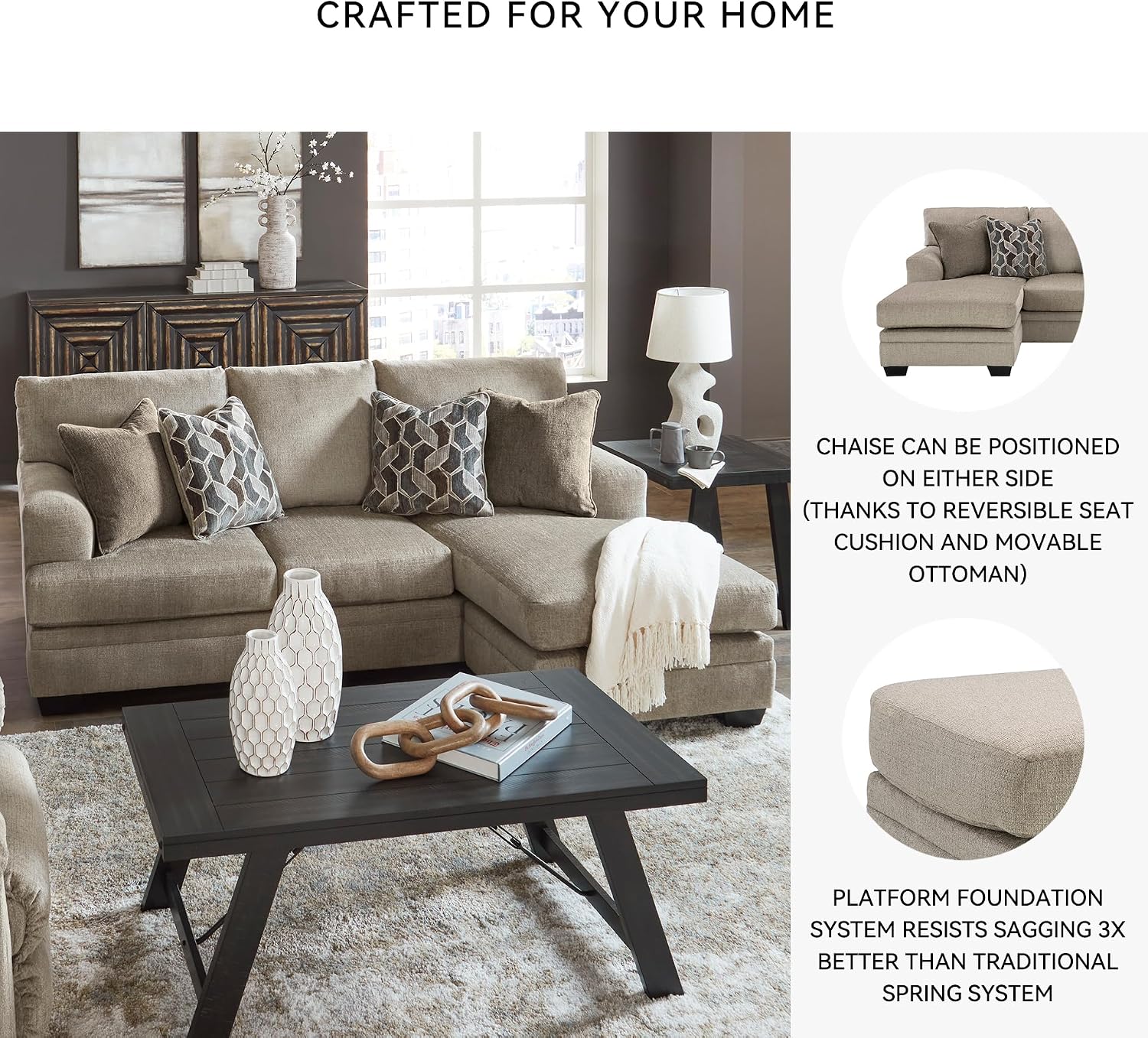 Signature Design by Ashley Stonemeade Casual Right-Arm Facing Sofa Chaise with 4 Toss Pillows, Light Brown