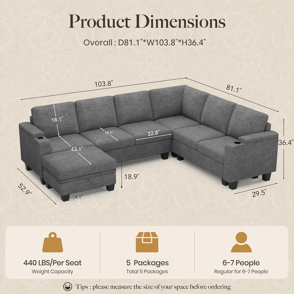 Belffin Chenille Modular Sectional Sofa Convertible L Shaped Corner Couches for Living Room with Storage Armrest with Cup Holder Light Grey Couch